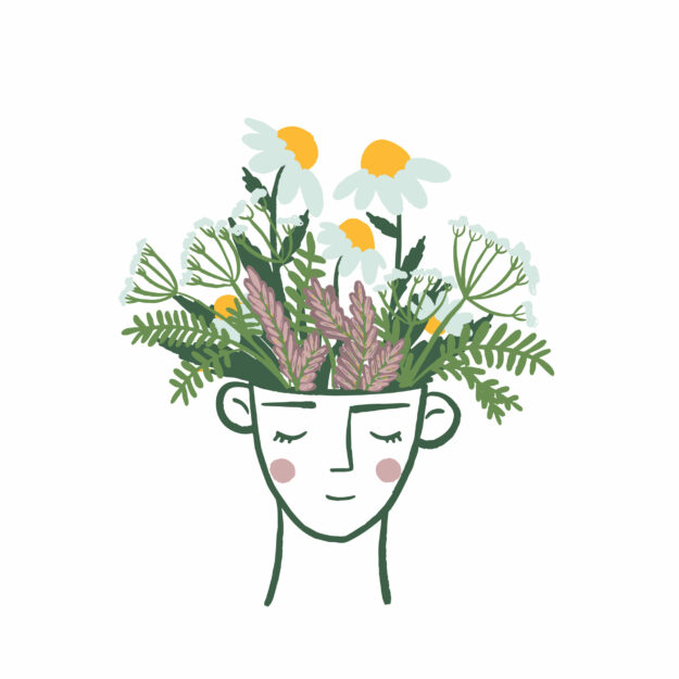 Hand drawn flowers in head. Self education, study, knowledge, improvement, mental health concept. Abstract face with flowers vector drawing. Botanical print. Nature symbol of cosmetics. Fashion print