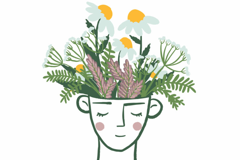 Hand drawn flowers in head. Self education, study, knowledge, improvement, mental health concept. Abstract face with flowers vector drawing. Botanical print. Nature symbol of cosmetics. Fashion print